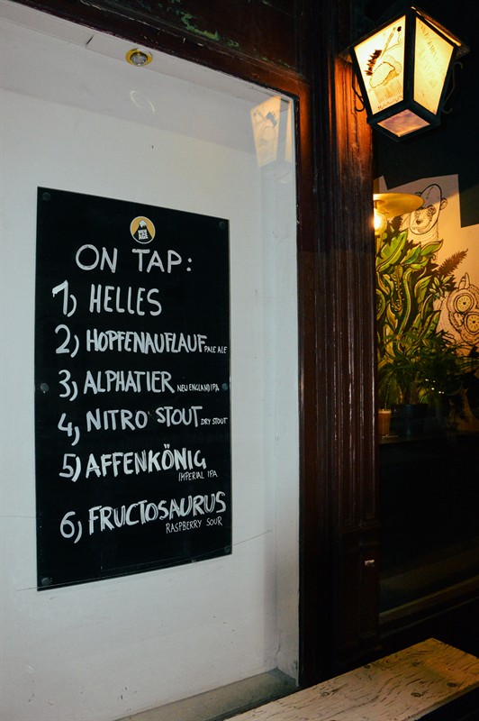 The chalkboard with our six beers on tap
