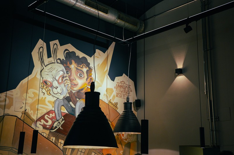 The comic mural in the back room