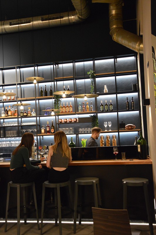 Two guests at the bar counter in front of the shelves
