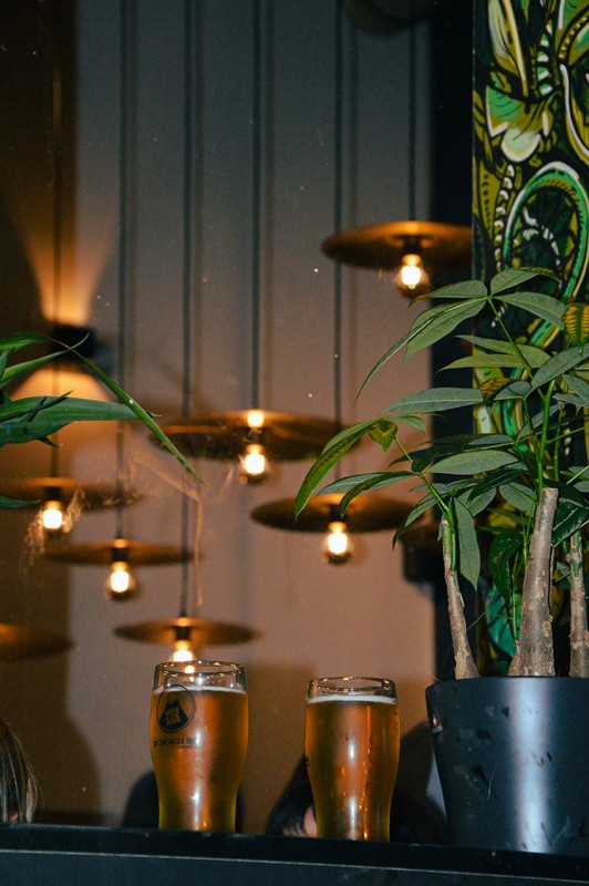 Two beers with plants and brass lamps